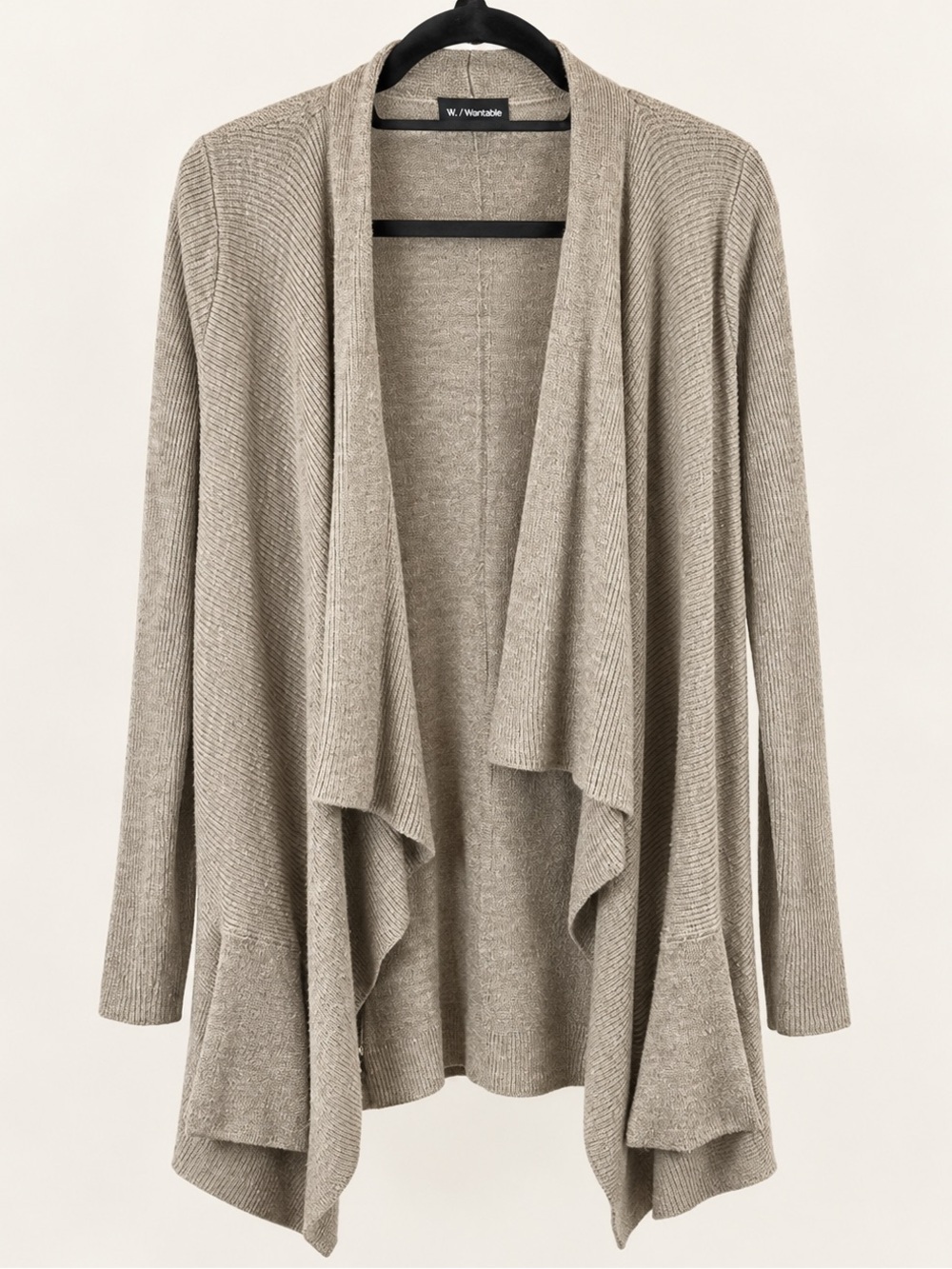 Wantable Taupe Ribbed Knit Waterfall Open Front Cardigan Sweater Small
